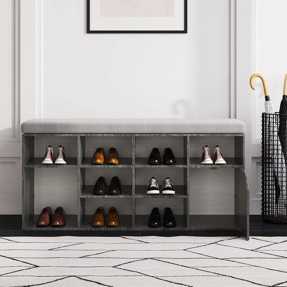 Wood Effect Shoe Storage Bench With Linen Cushion 10-Compartment Hallway Organiser