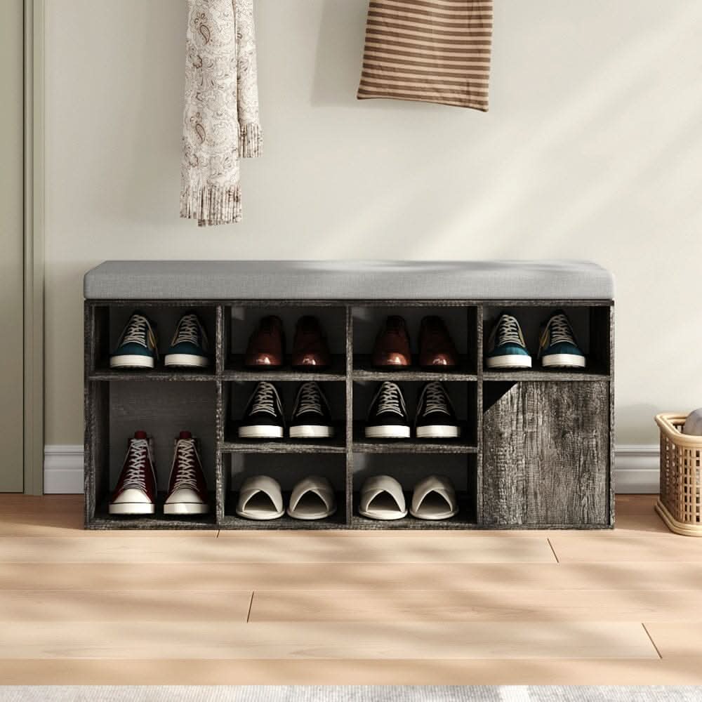 Wood Effect Shoe Storage Bench With Linen Cushion 10-Compartment Hallway Organiser
