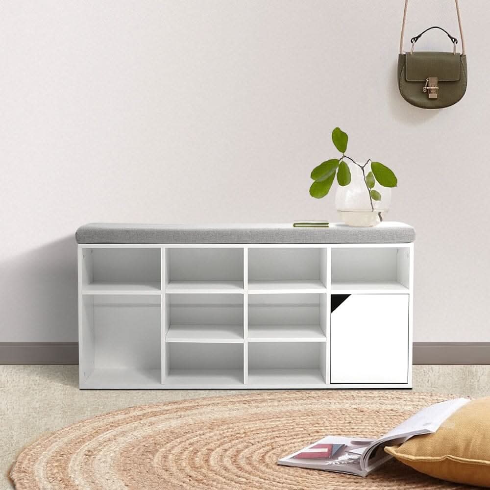 Wood Effect Shoe Storage Bench With Linen Cushion 10-Compartment Hallway Organiser