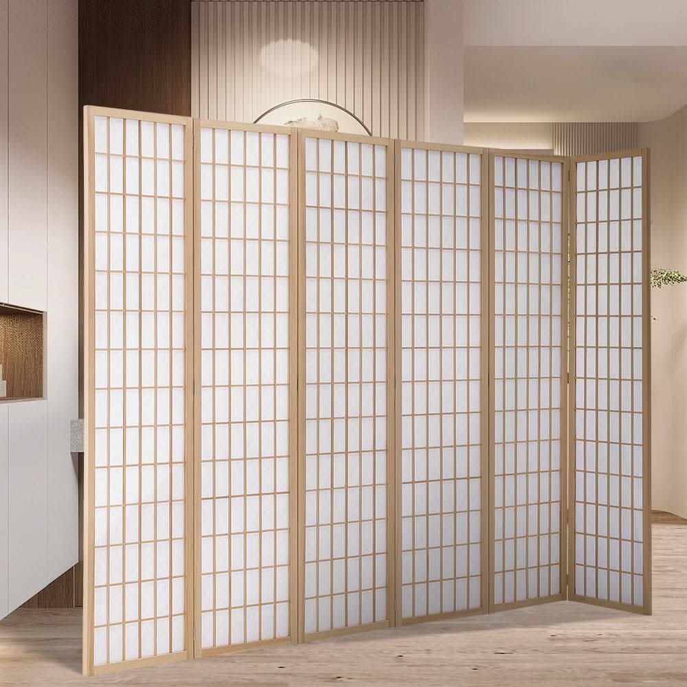 6-Panel Solid Wood Folding Room Divider Screen Natural