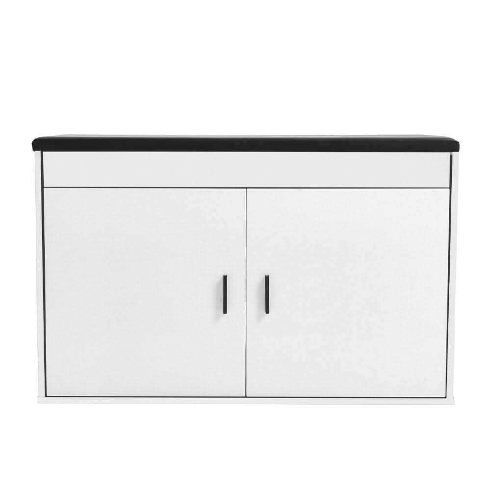 White 2-Door Shoe Storage Bench With Black PU Cushion Hallway Organiser