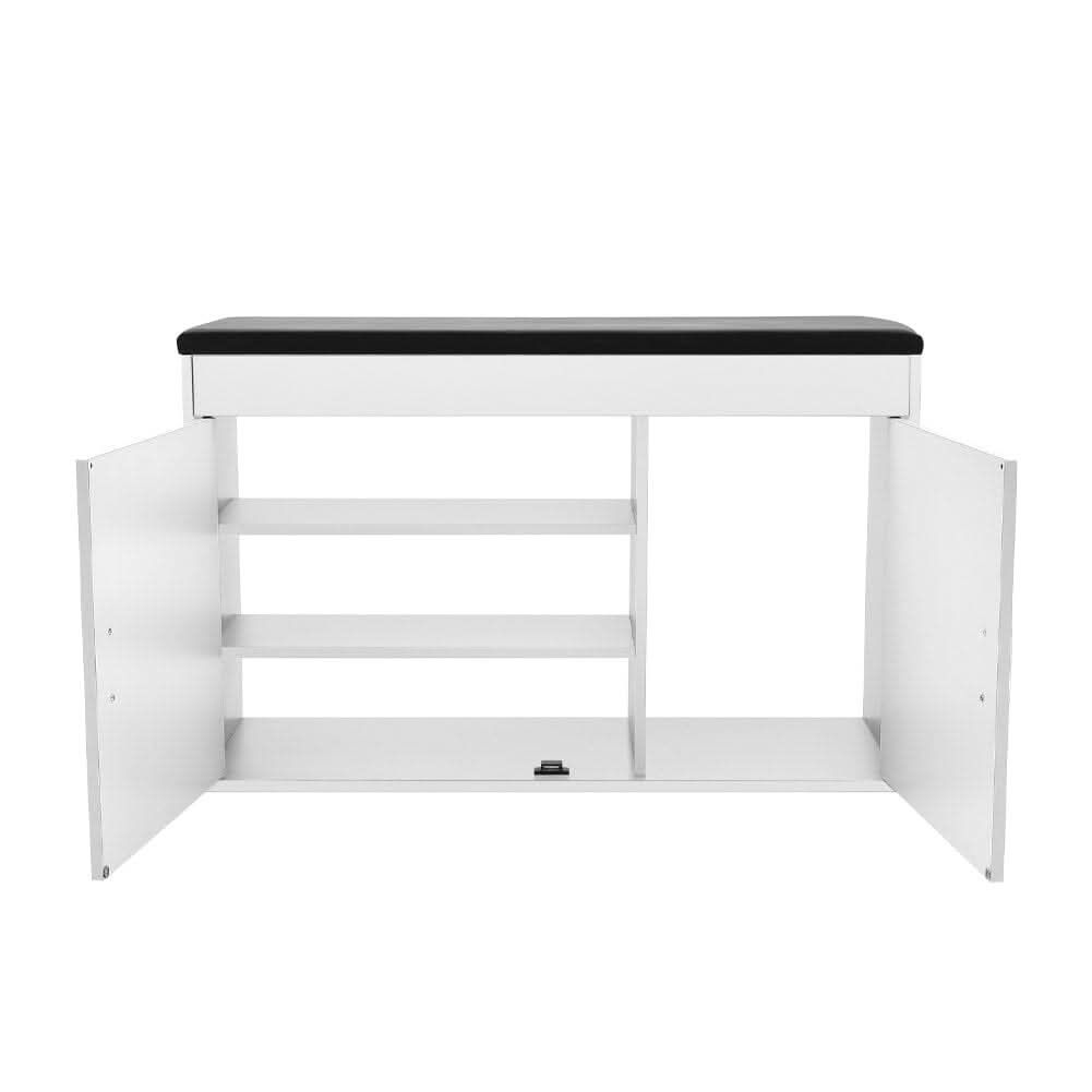 White 2-Door Shoe Storage Bench With Black PU Cushion Hallway Organiser