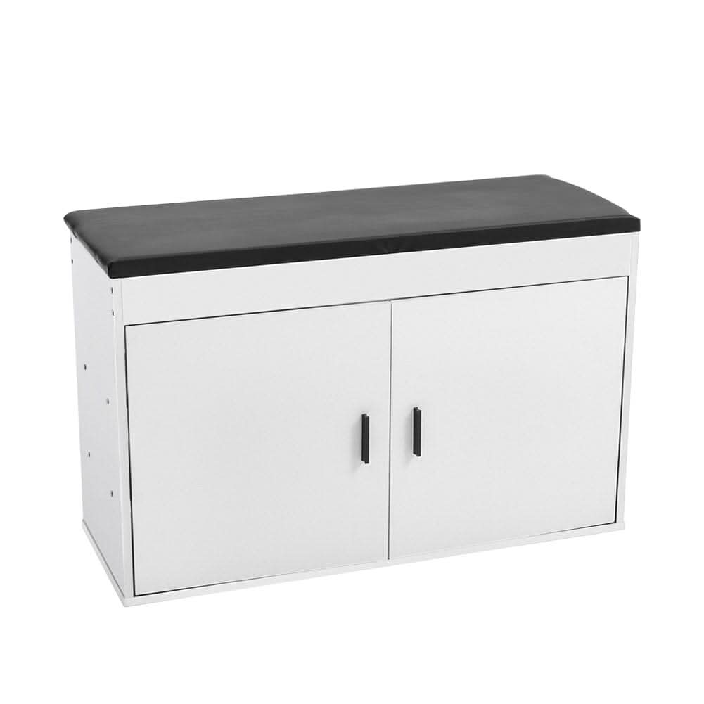 White 2-Door Shoe Storage Bench With Black PU Cushion Hallway Organiser