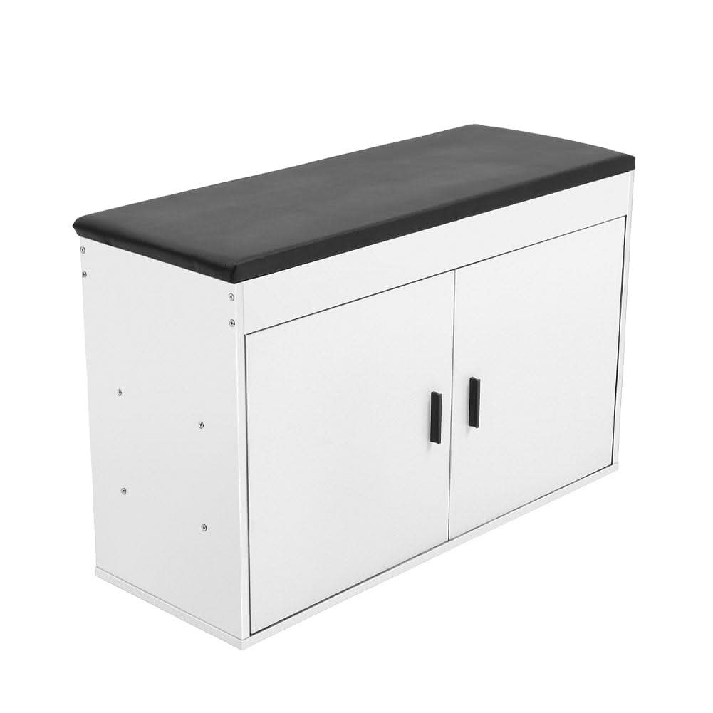 White 2-Door Shoe Storage Bench With Black PU Cushion Hallway Organiser
