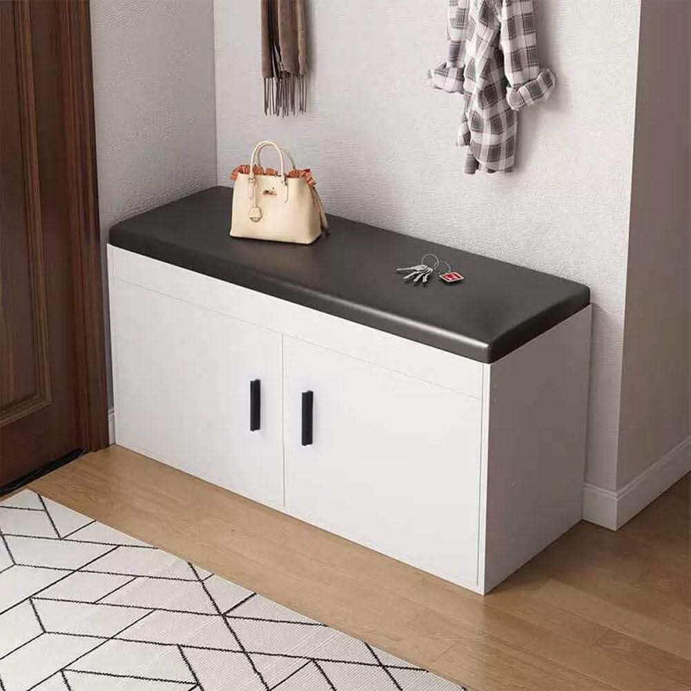 White 2-Door Shoe Storage Bench With Black PU Cushion Hallway Organiser