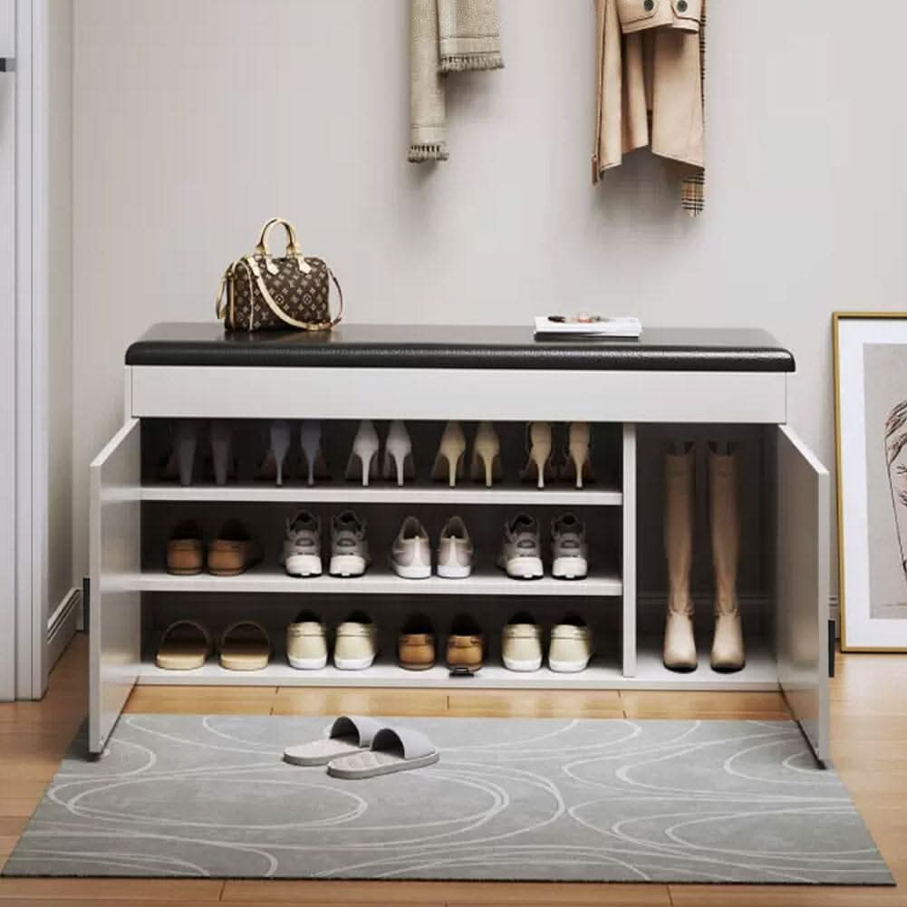 White 2-Door Shoe Storage Bench With Black PU Cushion Hallway Organiser
