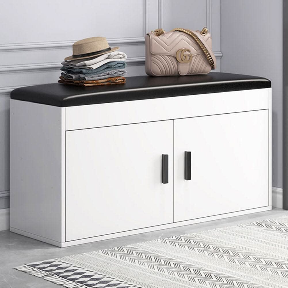 White 2-Door Shoe Storage Bench With Black PU Cushion Hallway Organiser