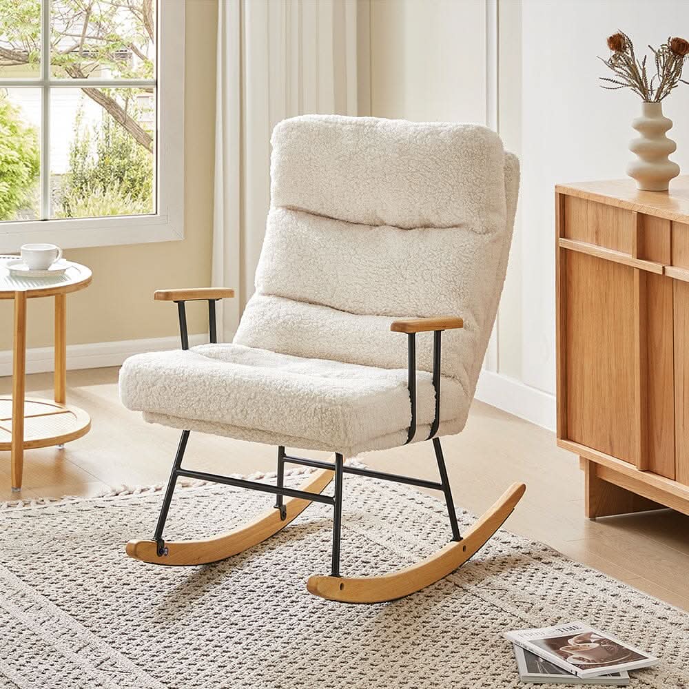 Modern Teddy Fabric Rocking Chair with Wooden Armrests