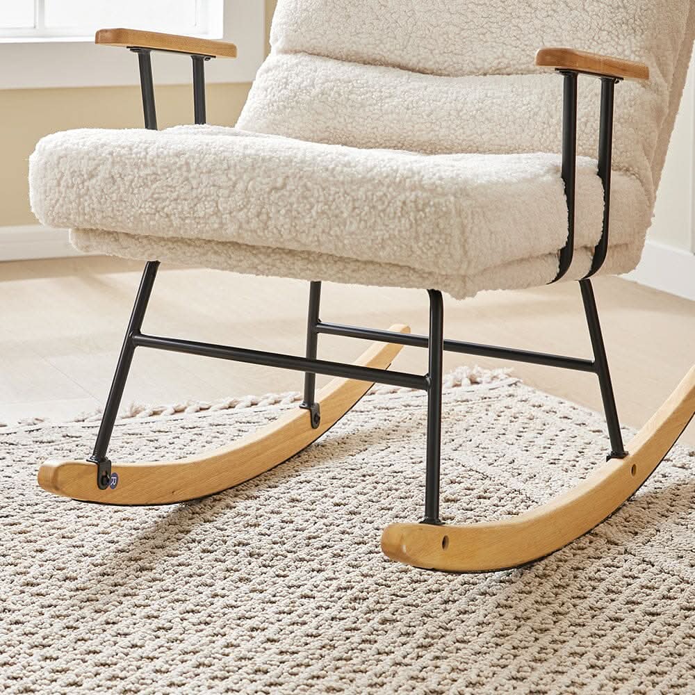 Modern Teddy Fabric Rocking Chair with Wooden Armrests