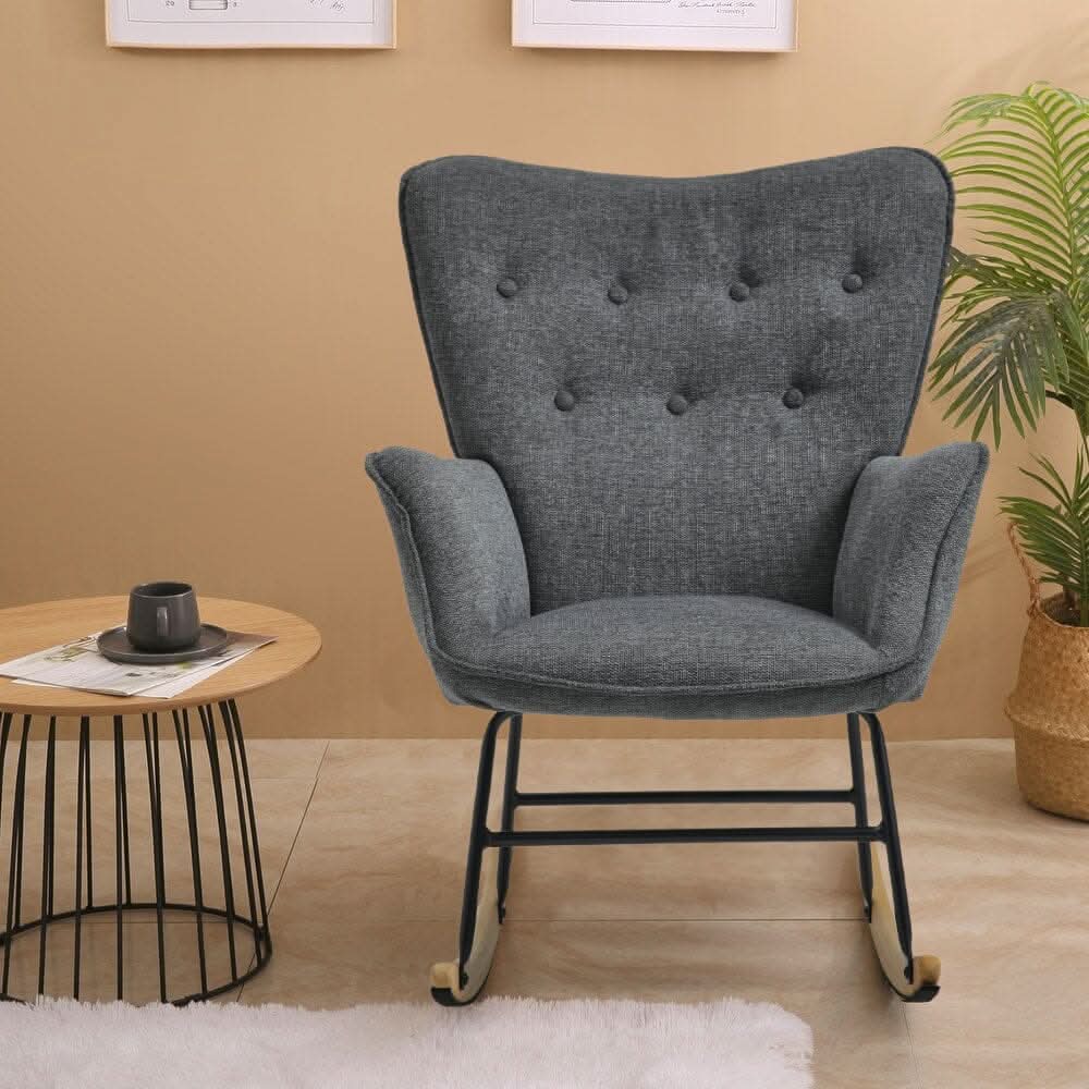 Modern Linen Fabric Rocking Chair with Oak Rocking Legs