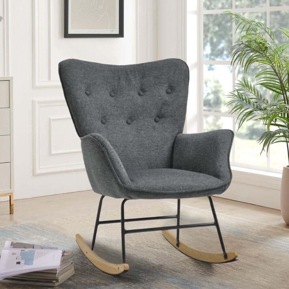 Modern Linen Fabric Rocking Chair with Oak Rocking Legs