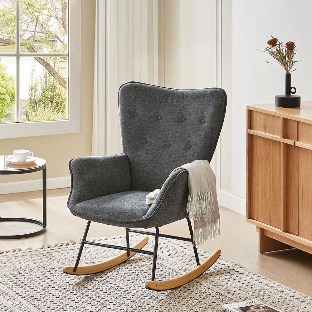 Modern Linen Fabric Rocking Chair with Oak Rocking Legs