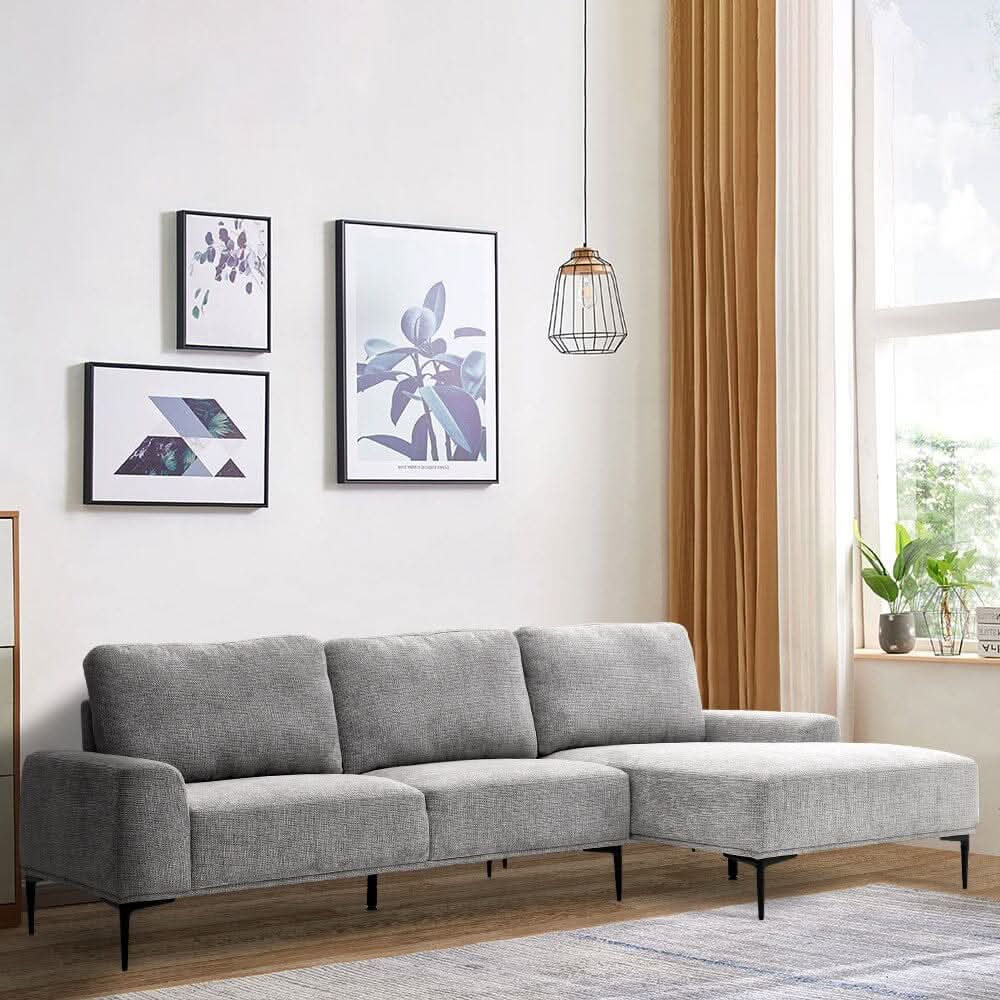 2 Seater Chaise Corner Sofa Light Grey Polyester Wood Frame Spring Cushion