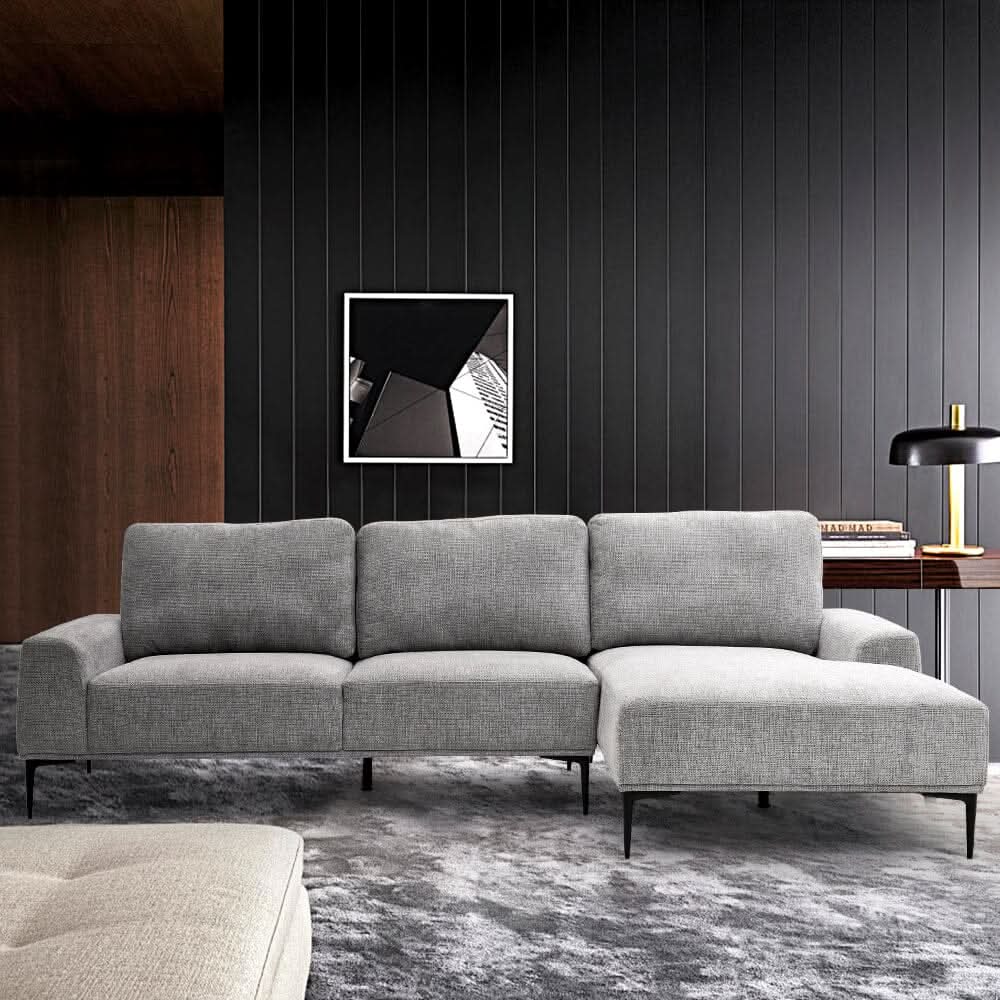 2 Seater Chaise Corner Sofa Light Grey Polyester Wood Frame Spring Cushion