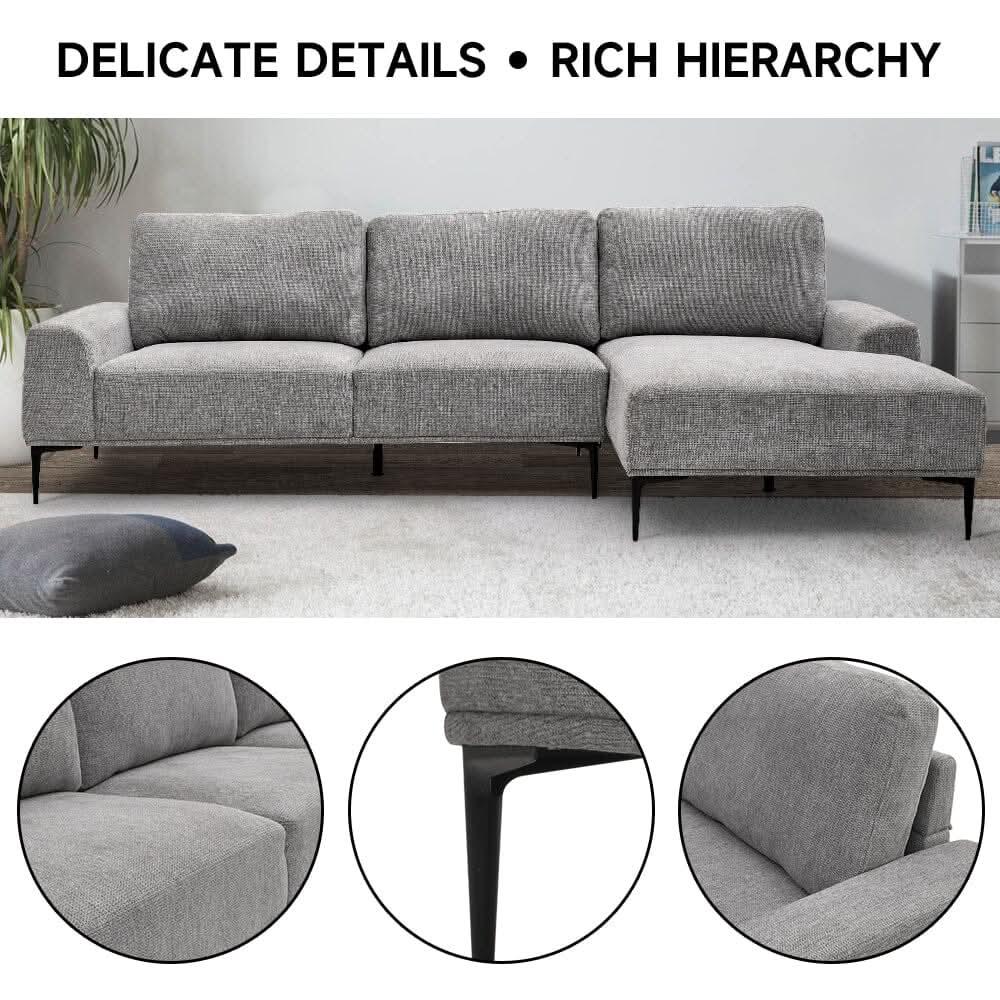 2 Seater Chaise Corner Sofa Light Grey Polyester Wood Frame Spring Cushion