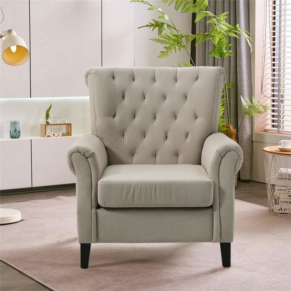 Accent Chair Velvet Beige Grey Oak Legs Wooden Frame