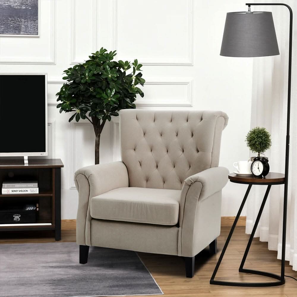 Accent Chair Velvet Beige Grey Oak Legs Wooden Frame