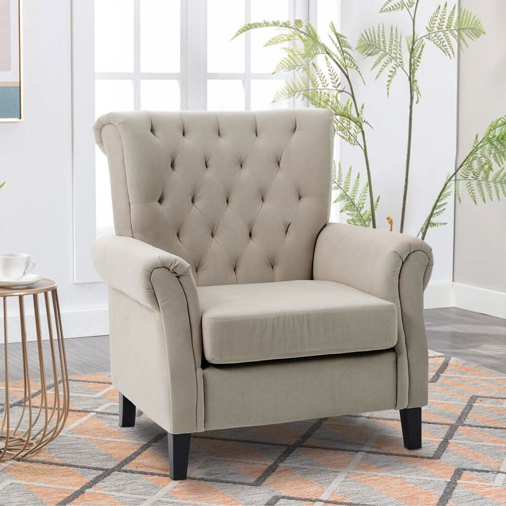 Accent Chair Velvet Beige Grey Oak Legs Wooden Frame