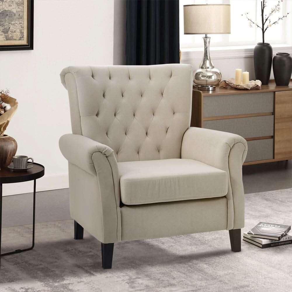 Accent Chair Velvet Beige Grey Oak Legs Wooden Frame