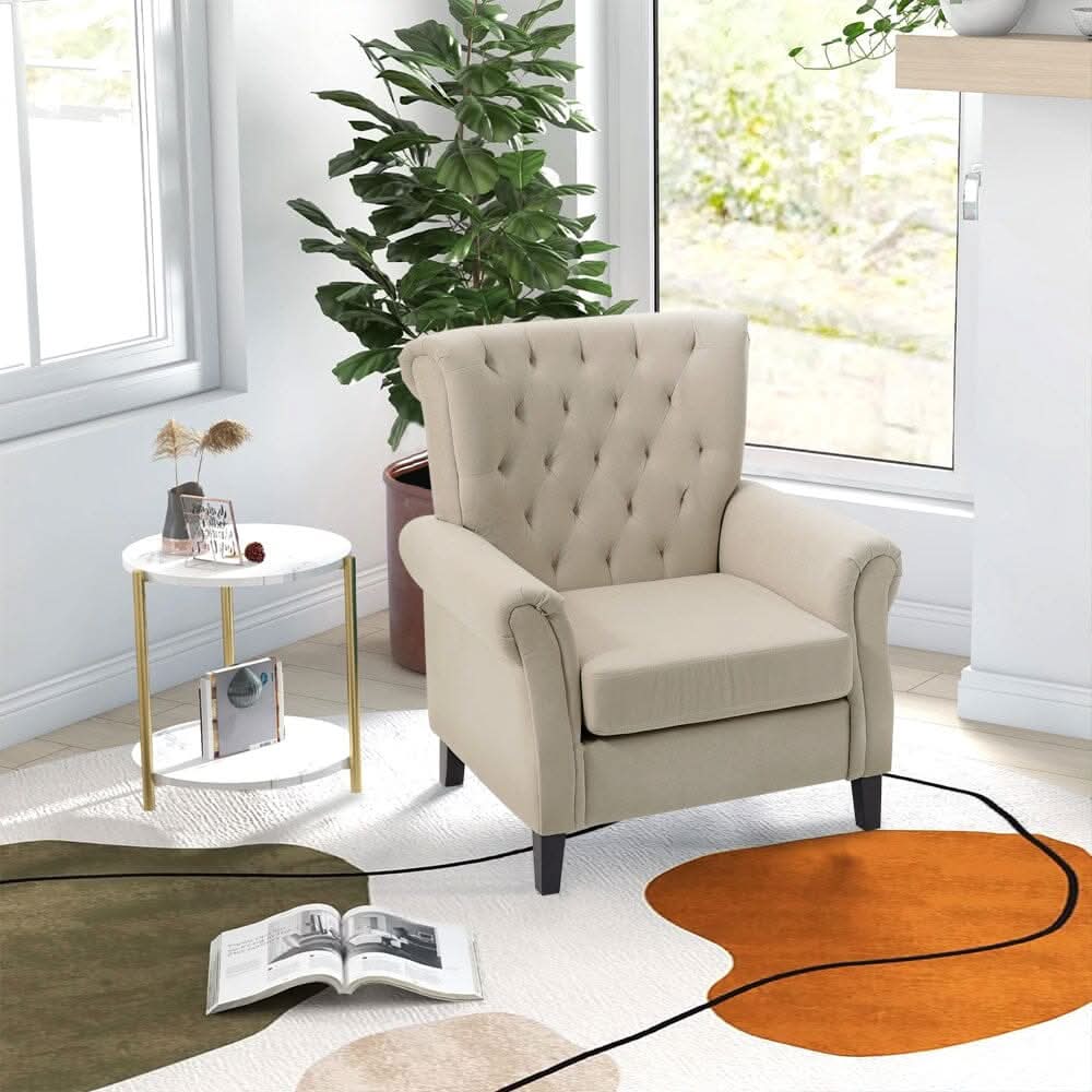 Accent Chair Velvet Beige Grey Oak Legs Wooden Frame