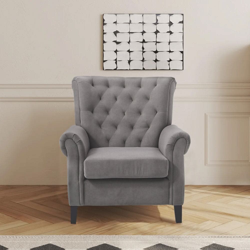 Accent Chair Velvet Beige Grey Oak Legs Wooden Frame
