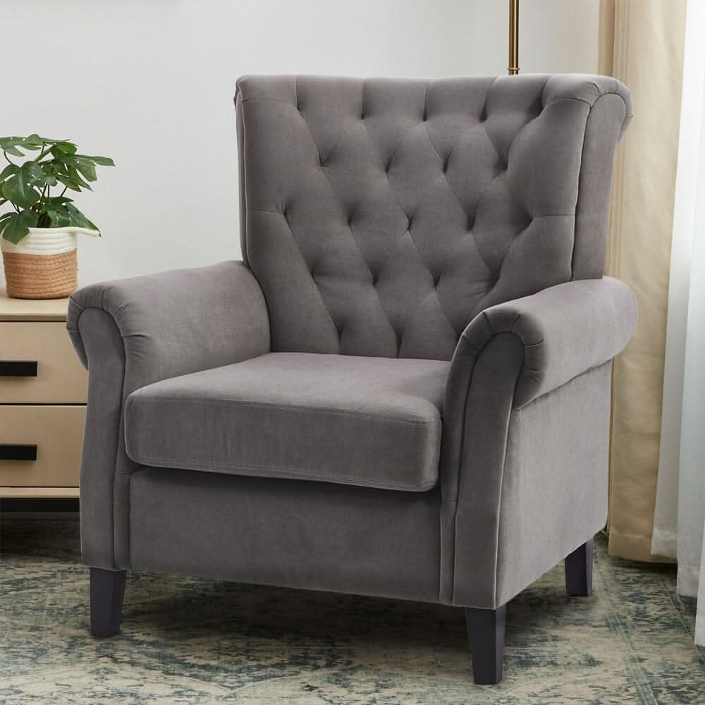 Accent Chair Velvet Beige Grey Oak Legs Wooden Frame