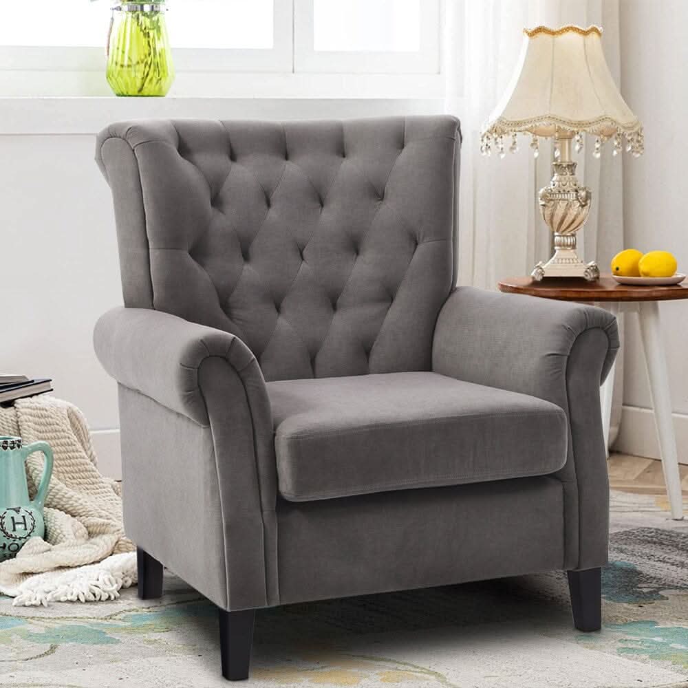 Accent Chair Velvet Beige Grey Oak Legs Wooden Frame