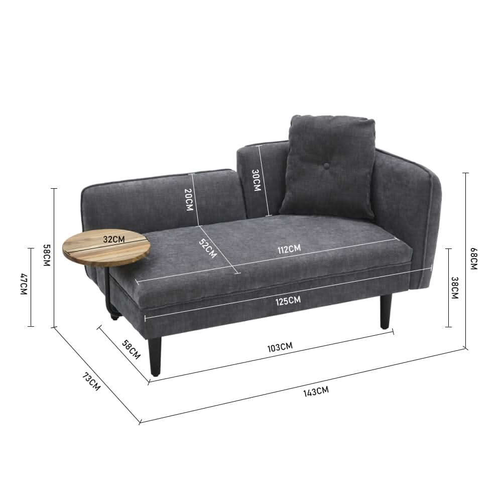 Chaise Lounge with Side Table Grey Fine Linen Oak Legs Wooden Frame