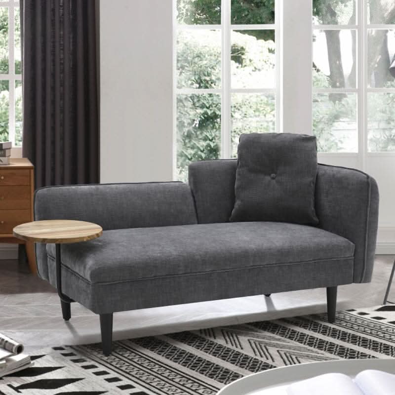Chaise Lounge with Side Table Grey Fine Linen Oak Legs Wooden Frame