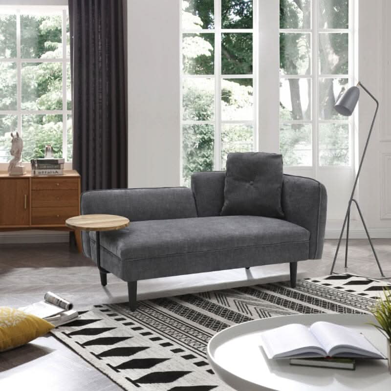 Chaise Lounge with Side Table Grey Fine Linen Oak Legs Wooden Frame