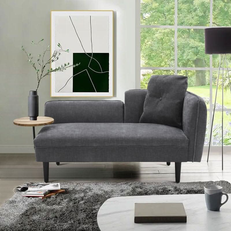 Chaise Lounge with Side Table Grey Fine Linen Oak Legs Wooden Frame