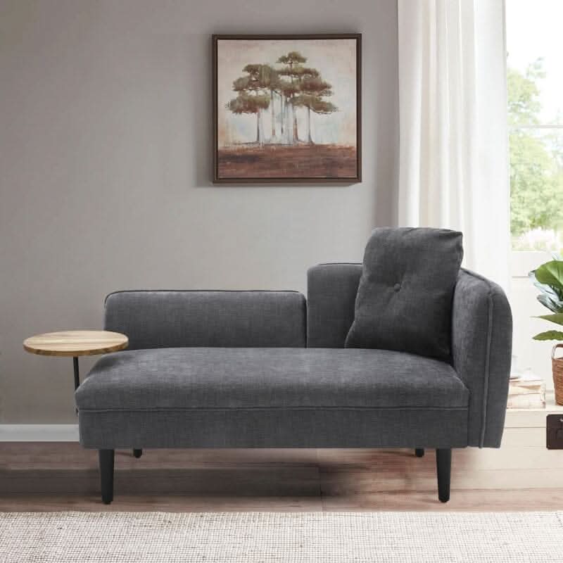 Chaise Lounge with Side Table Grey Fine Linen Oak Legs Wooden Frame