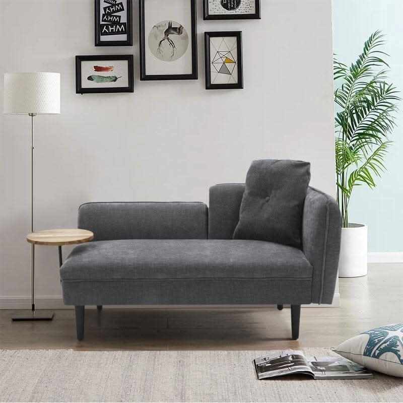Chaise Lounge with Side Table Grey Fine Linen Oak Legs Wooden Frame