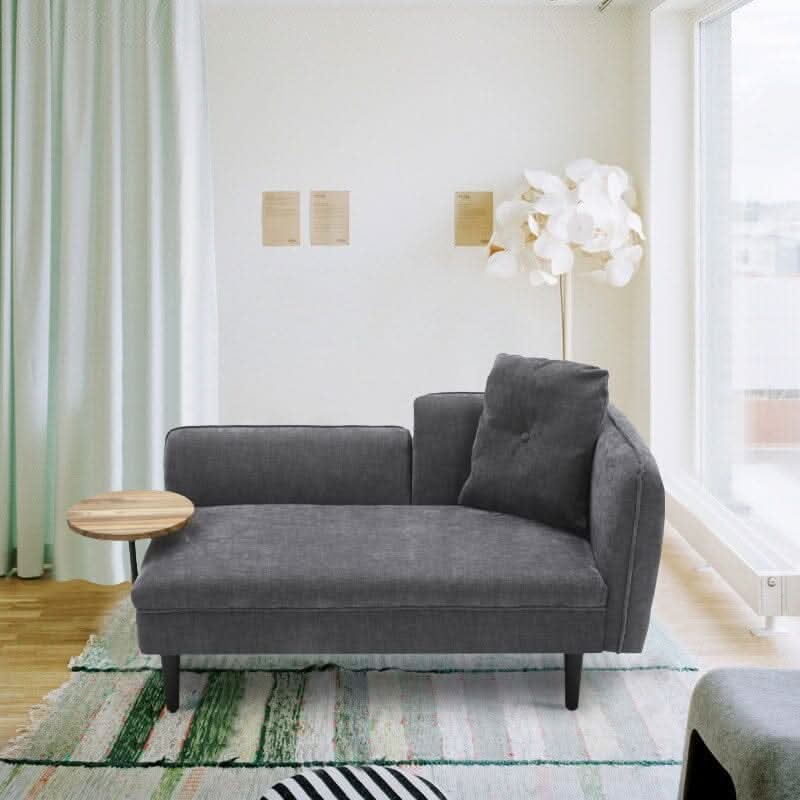 Chaise Lounge with Side Table Grey Fine Linen Oak Legs Wooden Frame
