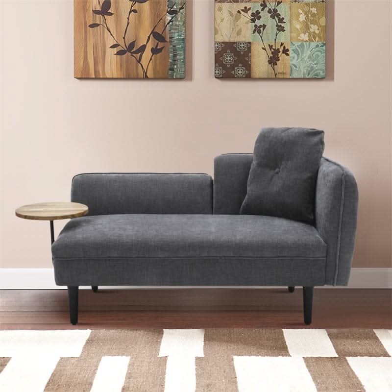 Chaise Lounge with Side Table Grey Fine Linen Oak Legs Wooden Frame