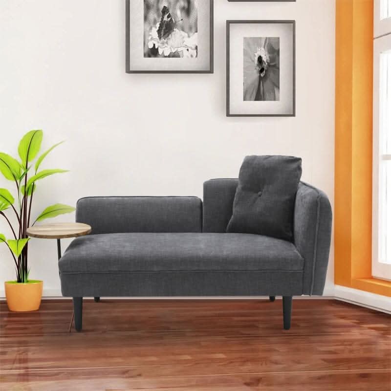 Chaise Lounge with Side Table Grey Fine Linen Oak Legs Wooden Frame