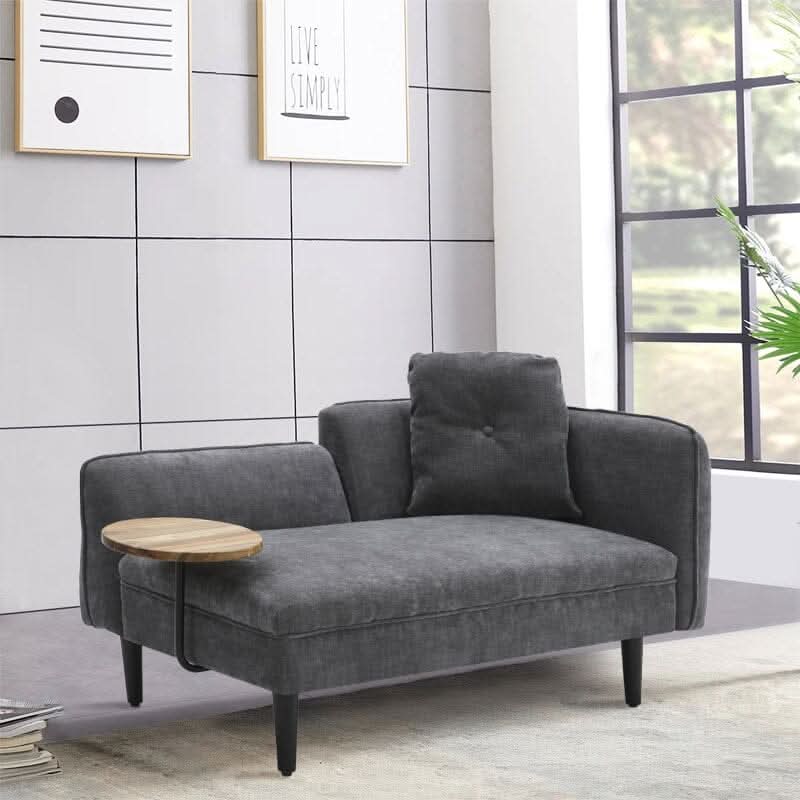Chaise Lounge with Side Table Grey Fine Linen Oak Legs Wooden Frame