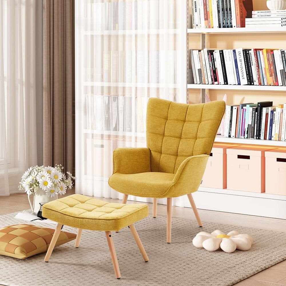 Mustard Linen Accent Chair with Ottoman