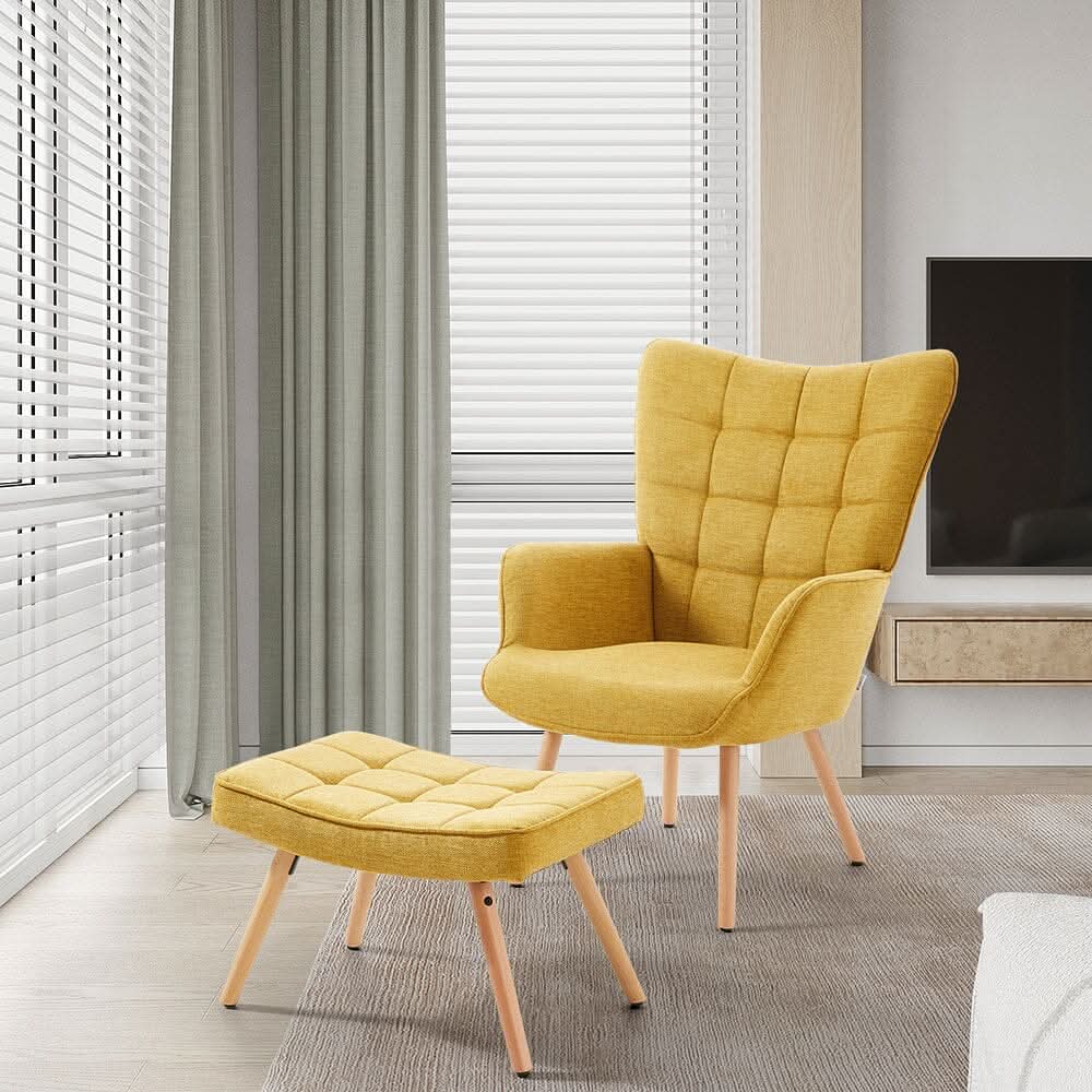 Mustard Linen Accent Chair with Ottoman