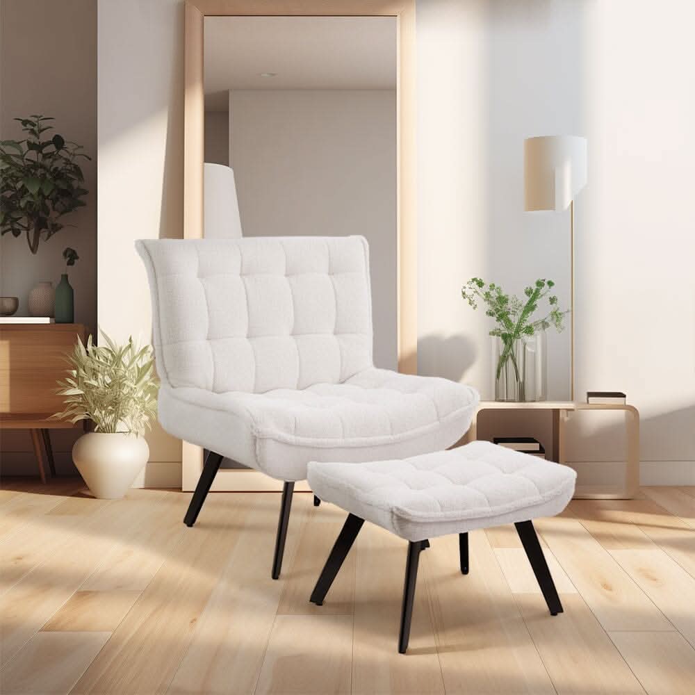 Cloud-Soft Teddy Fleece Accent Chair with Ottoman – Tufted Relaxation Set