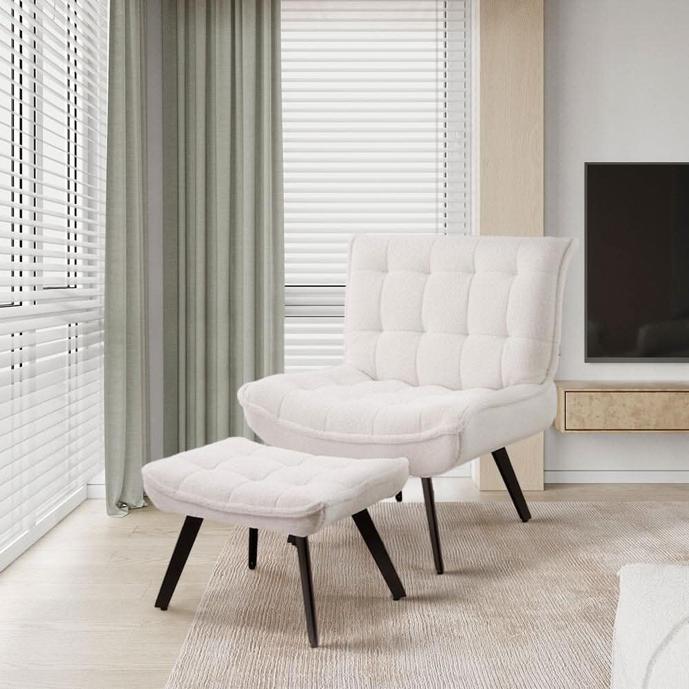 Cloud-Soft Teddy Fleece Accent Chair with Ottoman – Tufted Relaxation Set