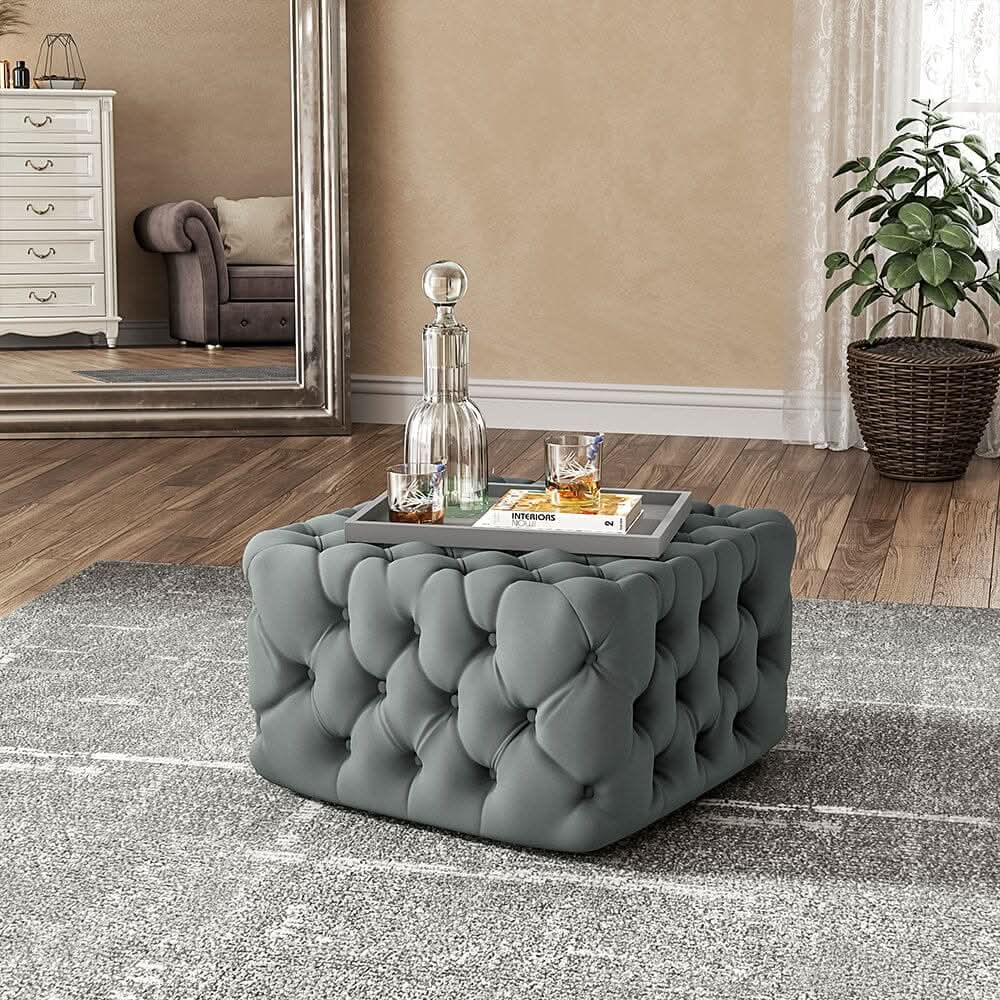 Chesterfield Style Tufted Square Ottoman Grey Velvet