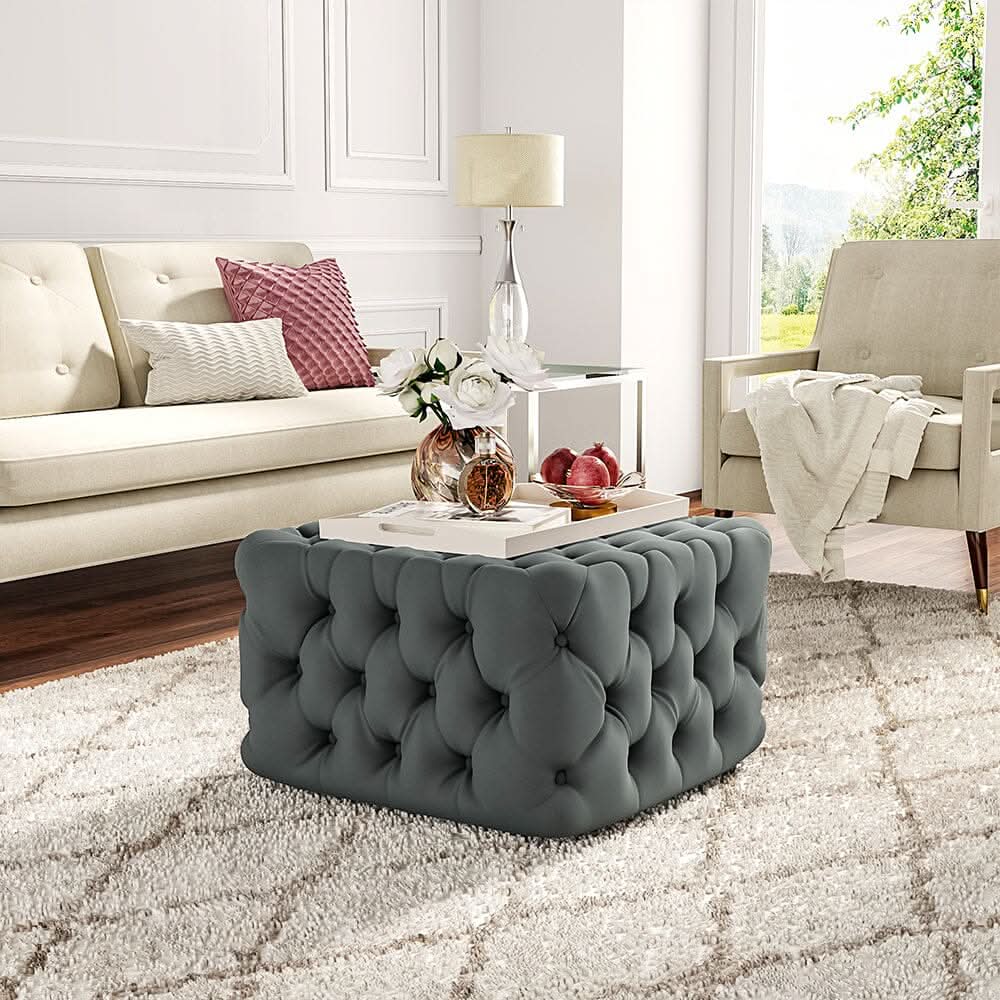 Chesterfield Style Tufted Square Ottoman Grey Velvet