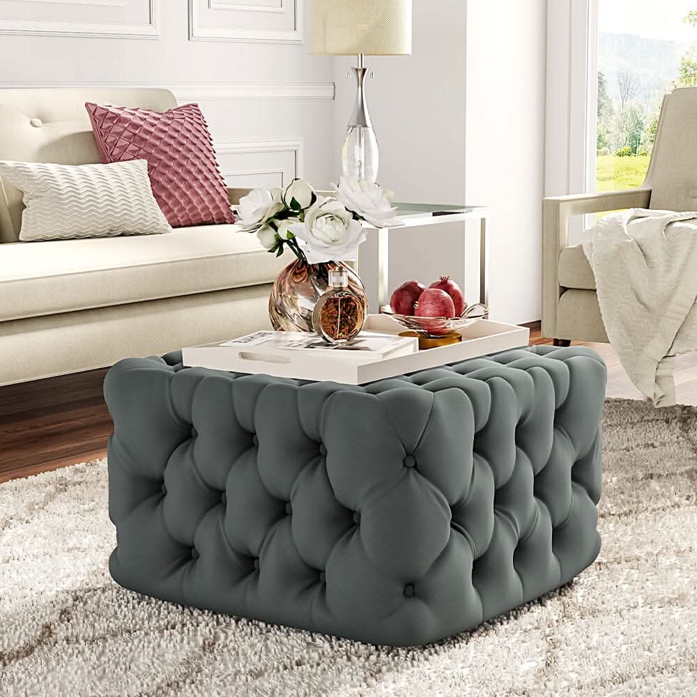 Chesterfield Style Tufted Square Ottoman Grey Velvet