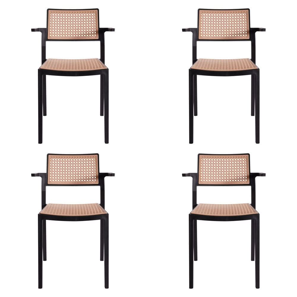 Stackable Plastic Rattan Look Dining Chairs with Armrests – Set of 4