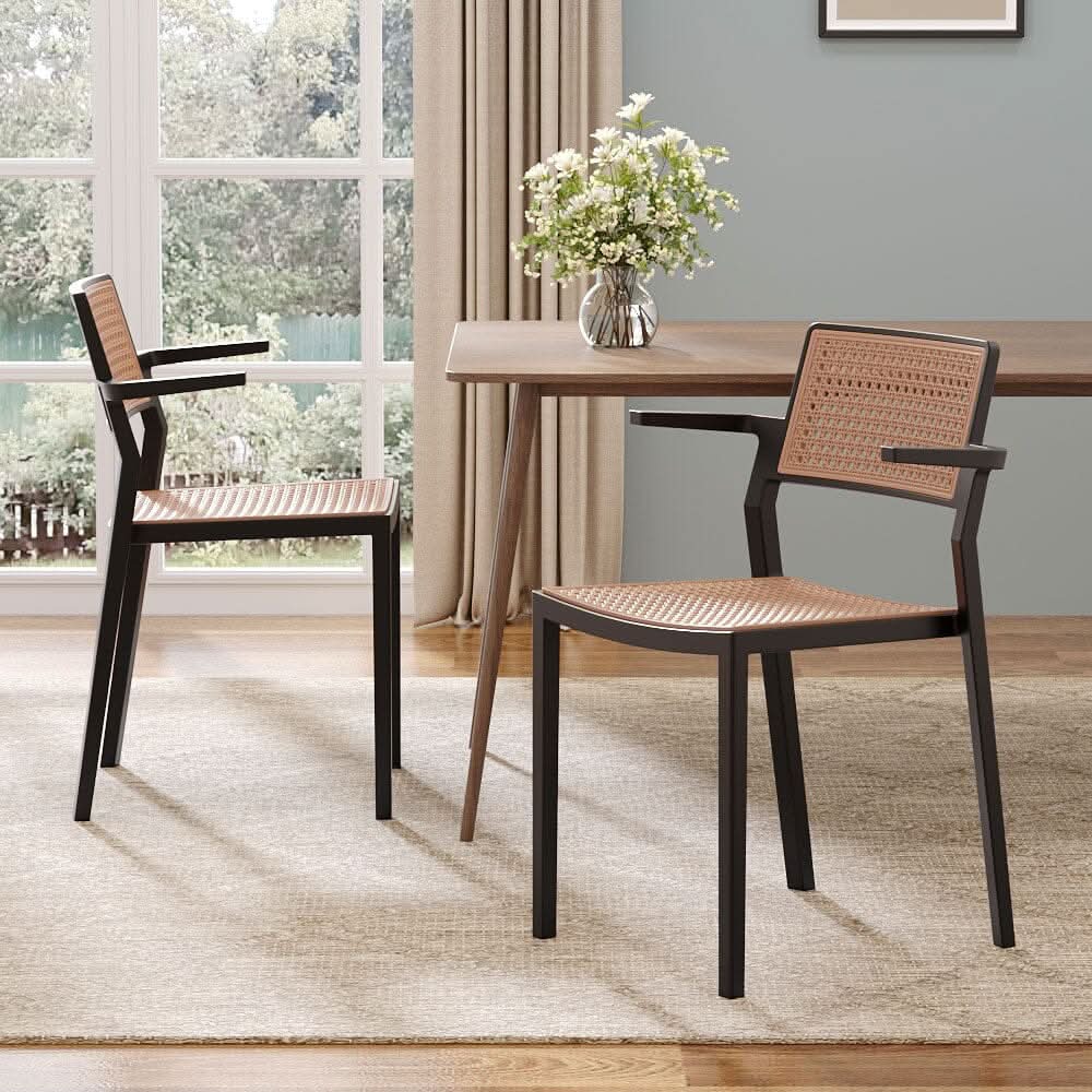 Stackable Plastic Rattan Look Dining Chairs with Armrests – Set of 4