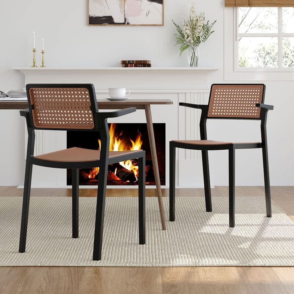 Stackable Plastic Rattan Look Dining Chairs with Armrests – Set of 4