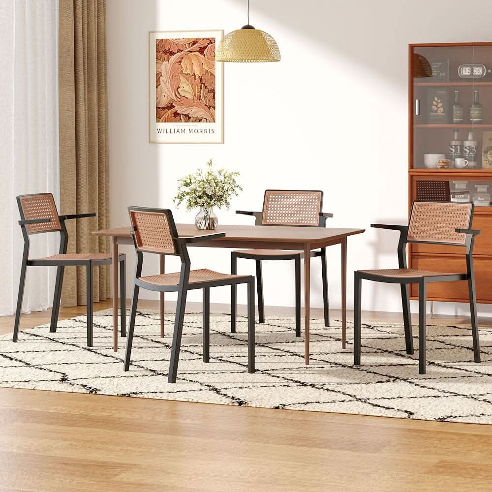 Stackable Plastic Rattan Look Dining Chairs with Armrests – Set of 4