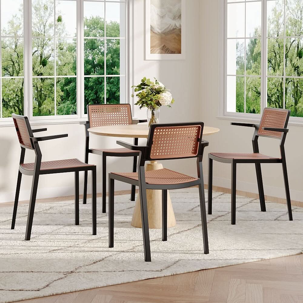 Stackable Plastic Rattan Look Dining Chairs with Armrests – Set of 4