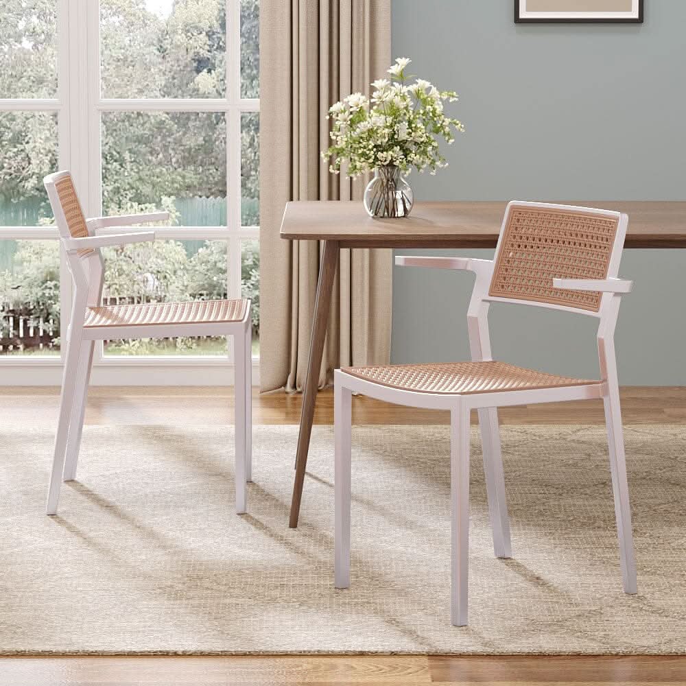 Stackable Plastic Rattan Look Dining Chairs with Armrests – Set of 4